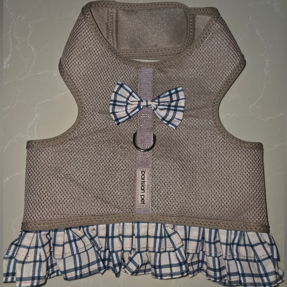 Parisian Works Tan Dog Harness with Blue Plaid Bow